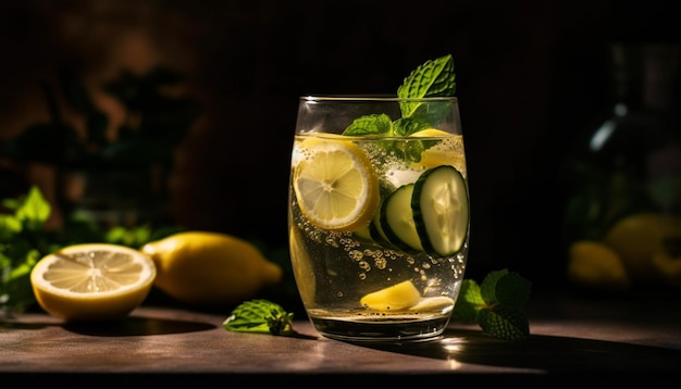 A refreshing lemon mojito cocktail on a rustic wooden table generated by AI