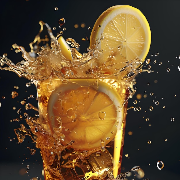 Refreshing lemonade in a glass with splashing liquid and flying lemon slices summer beverage concept ideal for advertising use AI
