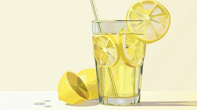 Photo refreshing lemonade glass with straw painting