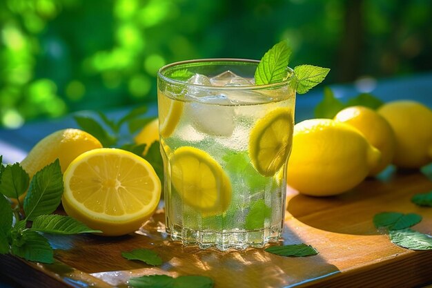 Photo refreshing lemonade on a green picnic table
