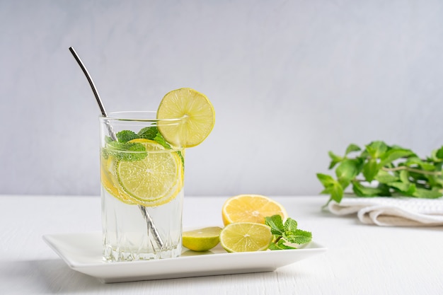 refreshing lemonade made of lemon and lime slices carbonated water and mint leaves served in glass