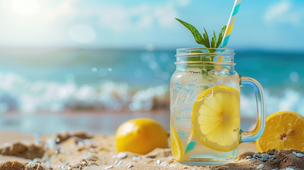 Освежающий лимонад в масонской банки рядом с лимонами на солнечном пляже с мягкими волнами