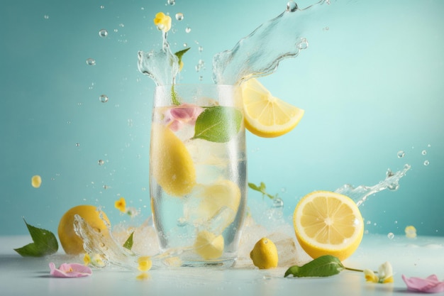 Refreshing Lemonade with Flying Lemon Slices on Pastel Background