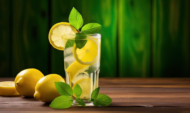 Refreshing lemonade with fresh lemon slices on a rustic wooden table Chilled lemon drink Created with generative AI tools