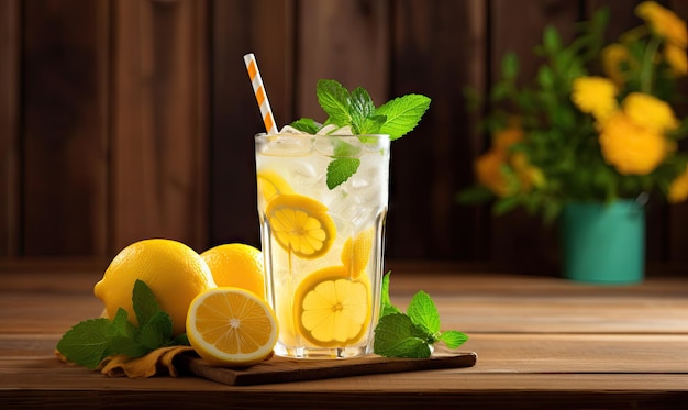 素朴な木のテーブルに新鮮なレモンのスライスを載せたさわやかなレモネード 冷たいレモンの飲み物 生成 AI ツールで作成