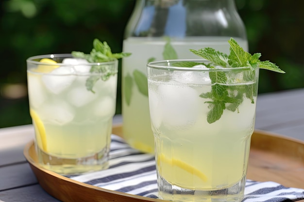 Refreshing lemonade with a touch of mint and ice cubes created with generative ai