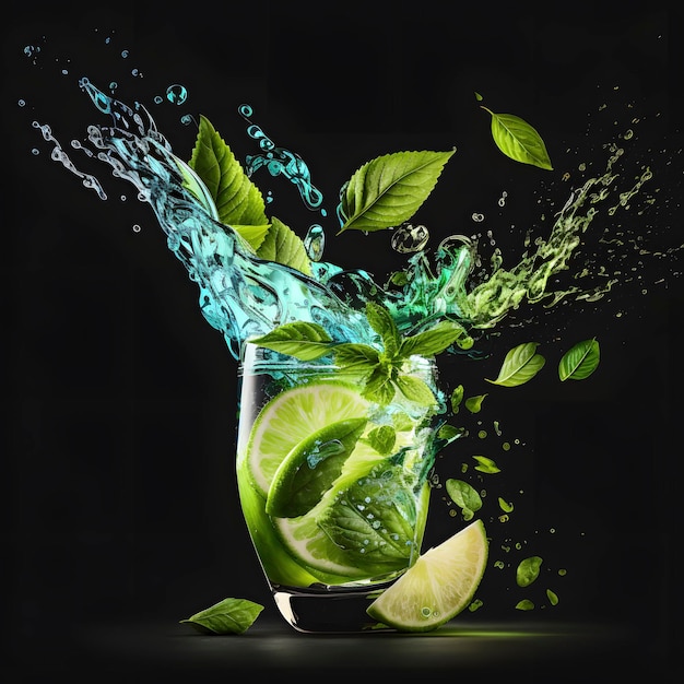 Refreshing Lime and Mint Splashing into a Mojito Cocktail