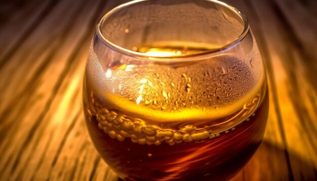 Foto il liquido rinfrescante lascia cadere il bicchiere di birra bagnato su un tavolo di legno all'aperto generato dall'intelligenza artificiale