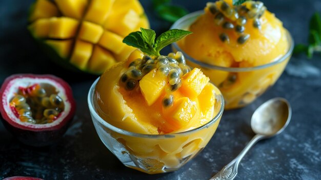 Foto mango rinfrescante e sorbetto di frutta della passione in bicchieri su tavola