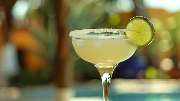 Refreshing margarita cocktail with lime slice on blurred background