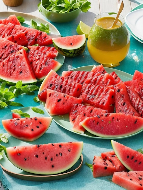 Foto una fresca fetta di melone su un piatto biologico