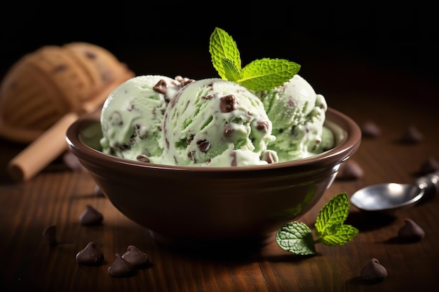Освежающее мятное мороженое с шоколадной крошкой в миске
