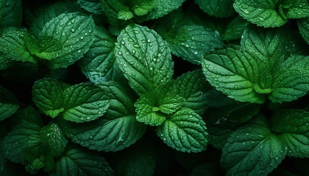 Refreshing Mint Leaves Seamless Background with Water Droplets