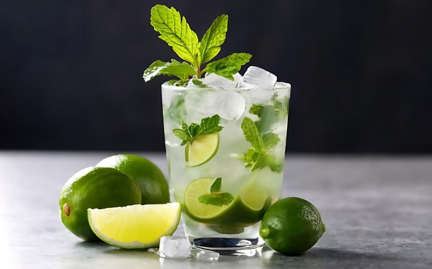 Foto un rinfrescante cocktail di mojito con lime e fette di frutta fresca