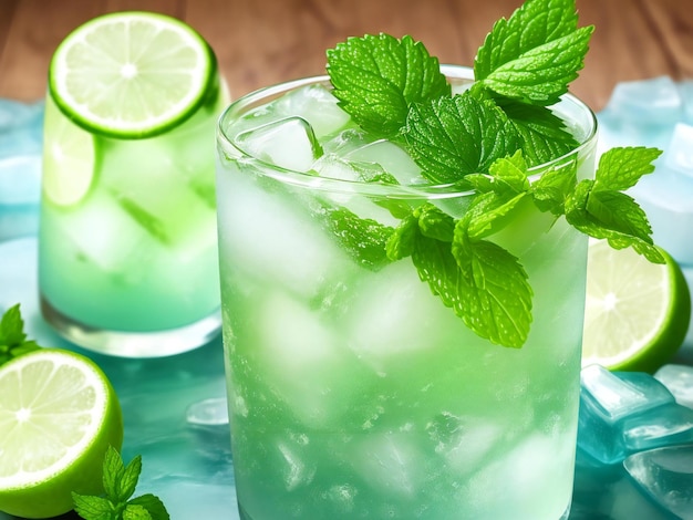 A refreshing mojito cocktail with lime mint and ice cubes ai generated