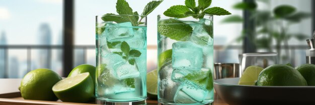 Refreshing mojito cocktail with lime and mint on tropical beach perfect summer vacation concept