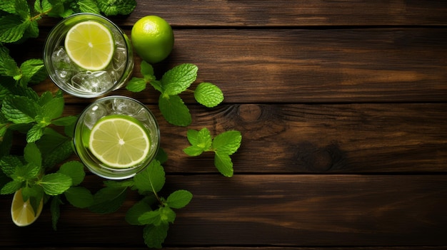 Refreshing Mojito With Fresh Lime And Mint On Wooden Table