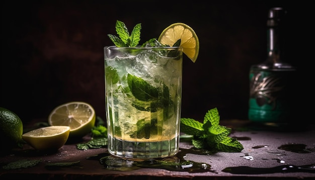 A refreshing mojito with lime mint and soda bubbles generated by AI