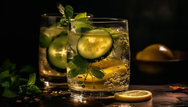 A refreshing mojito with lime mint and tonic water bubbles generated by AI