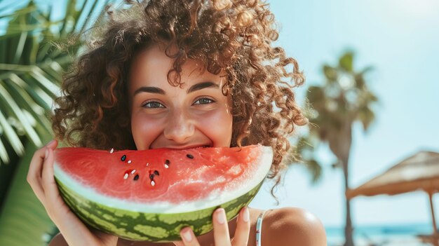 Refreshing Moments Enjoying Watermelon Delights with a Beautiful Young Woman in a Sunny Pk 1