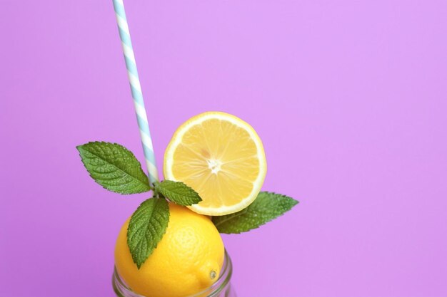 Refreshing natural lemon drink with straw