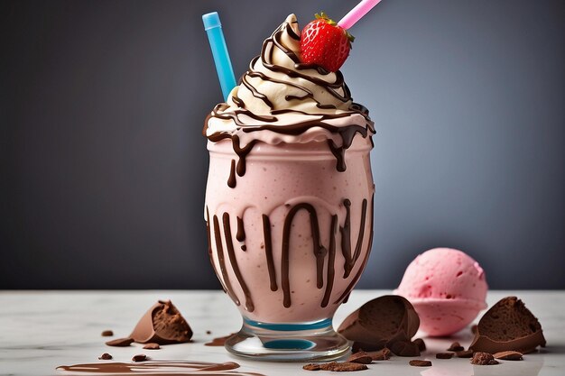 Refreshing Neapolitan Ice Cream Milkshake with Straw and Chocolate Drizzle