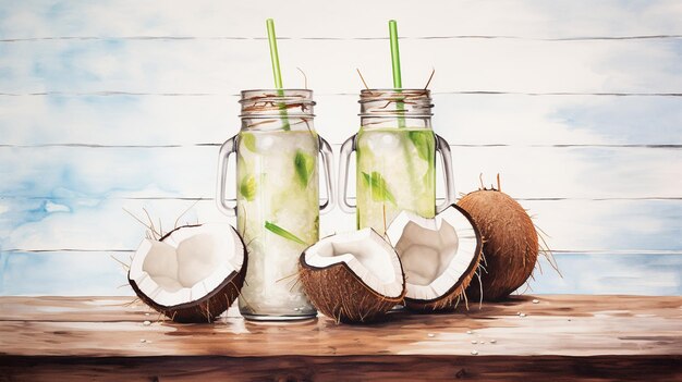 Refreshing and Nutritious Coconut Water Watercolor Image