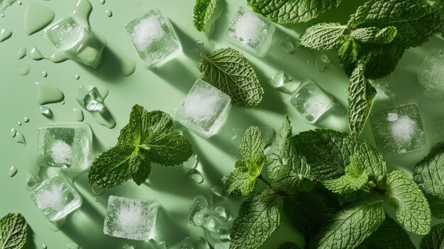 Refreshing Oasis An Artistic Composition of Vibrant Mint Leaves and Glacial Ice Cubes on a