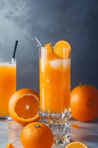 Refreshing orange Juice in Glass with oranges