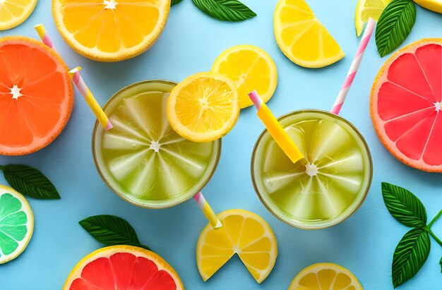 Refreshing orange and lemon fruit slices with pieces of ice on a blue background