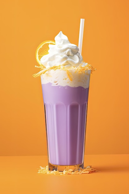 Refreshing Orange Milkshake on Purple Background Homemade Summer Drink with Whipped Cream and Ice