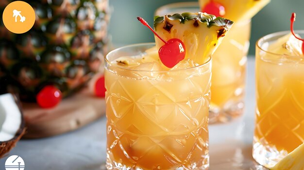 Refreshing pineapple cocktail with a cherry on top Perfect for a summer day