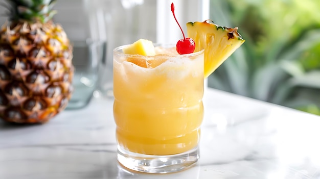 Refreshing pineapple cocktail with a cherry on top Pineapple in the background