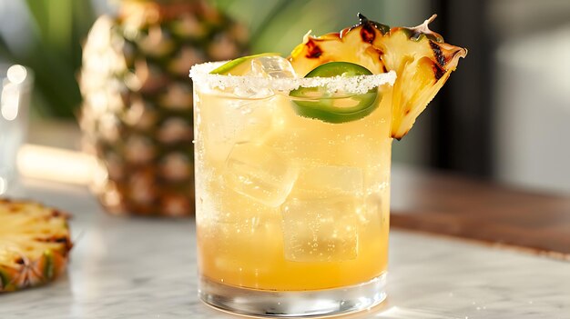 Refreshing pineapple cocktail with jalapeno slices