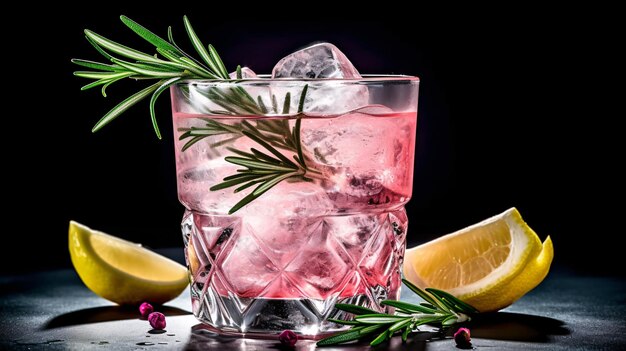 Refreshing pink drink or cocktail with ice garnished with a slice of lime and rosemary Generative Ai