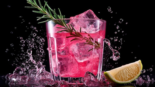 Refreshing pink drink or cocktail with ice garnished with a slice of lime and rosemary Generative Ai