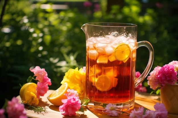 A refreshing pitcher of iced tea garnished with lemon wedges and mint sprigs