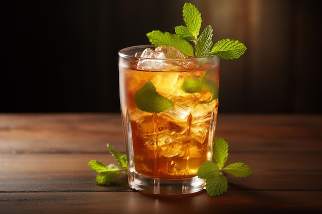 A refreshing pitcher of iced tea garnished with lemon wedges and mint sprigs