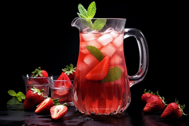 A refreshing pitcher of strawberry juice with ice cubes