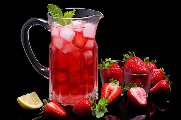 A refreshing pitcher of strawberry juice with ice cubes