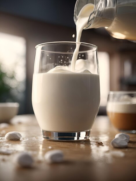 Foto un refrescante versamento di latte cremoso in un bicchiere