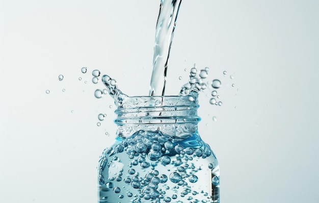 Photo refreshing pour of crystal clear water into a blue glass bottle creating a dynamic splash