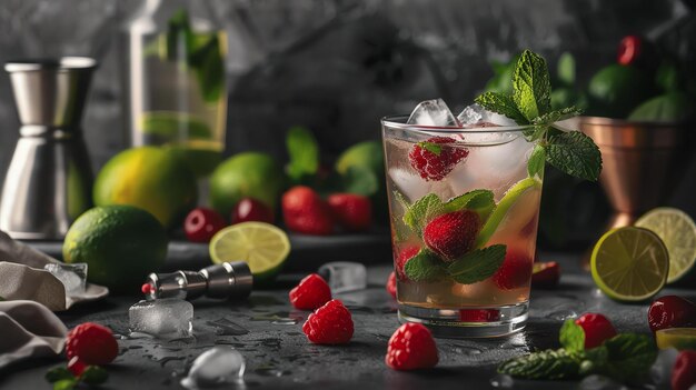 Refreshing raspberry cocktail with mint and lime The glass is placed on a dark table Next to it are fresh raspberries lime wedges and mint leaves