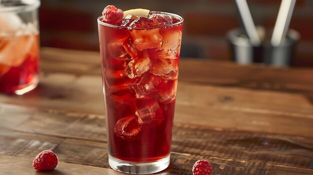 Refreshing raspberry iced tea in tall glass with ice cubes and lemon wedge