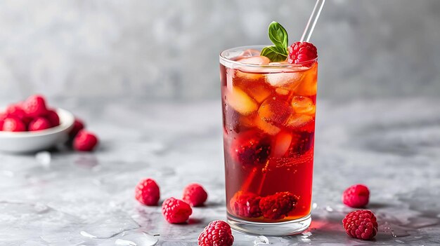 Photo refreshing raspberry iced tea in a tall glass with ice and a sprig of mint on a gray stone background with fresh raspberries scattered around the glas