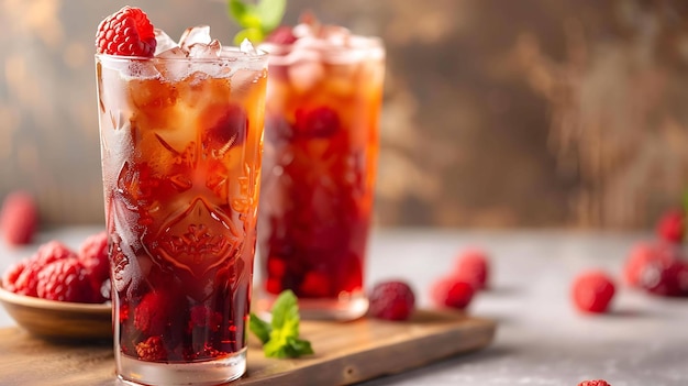 Photo refreshing raspberry iced tea in tall glasses with ice and mint on a wooden table