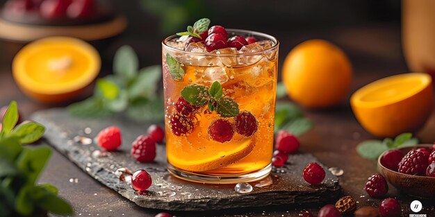 Refreshing raspberry orange drink on a slate coaster vibrant beverage ideal for summer ads perfect for food blogs AI