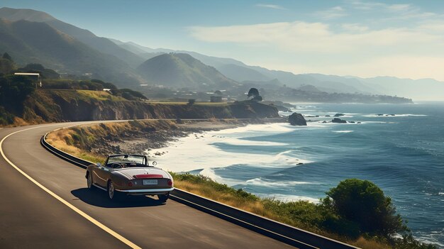 A refreshing road trip moment with a convertible cruising along a coastal cliff road