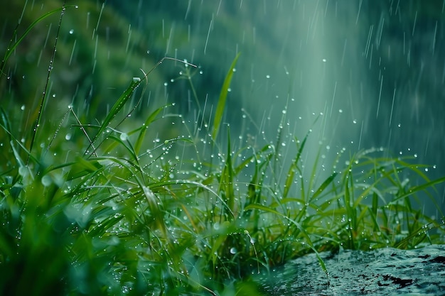 Refreshing scene of rain falling on vibrant green blades of grass each droplet sparkling with life and clarity