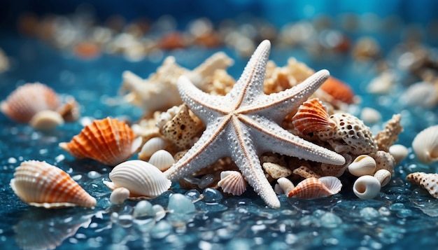 Refreshing seainspired composition with white starfish and shells